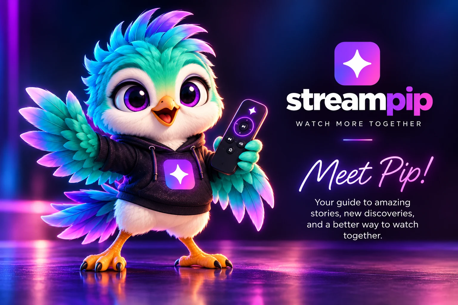 Pip, the teal and violet StreamPip mascot, welcomes viewers to discover stories.